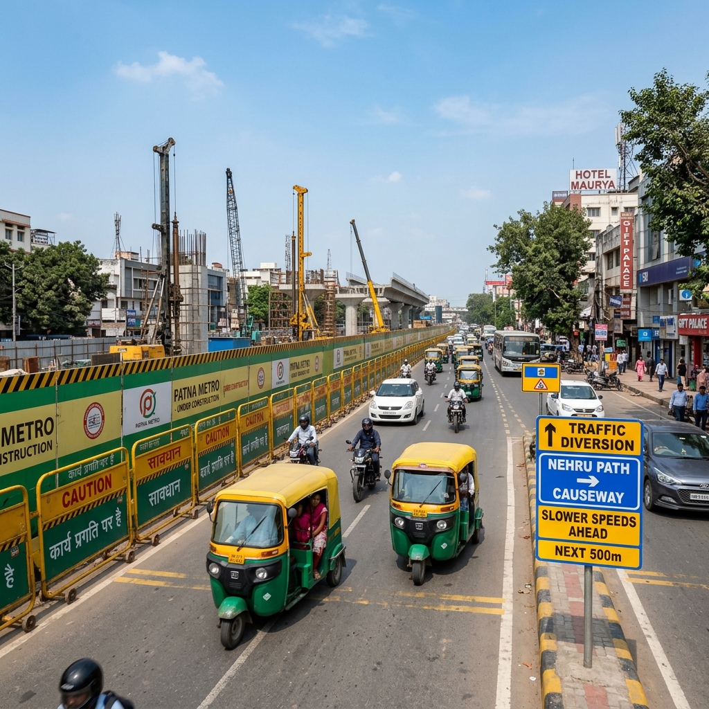 पटना नेहरू पथ बेली रोड मेट्रो निर्माण के लिए लेन बंद, ट्रैफिक डायवर्जन